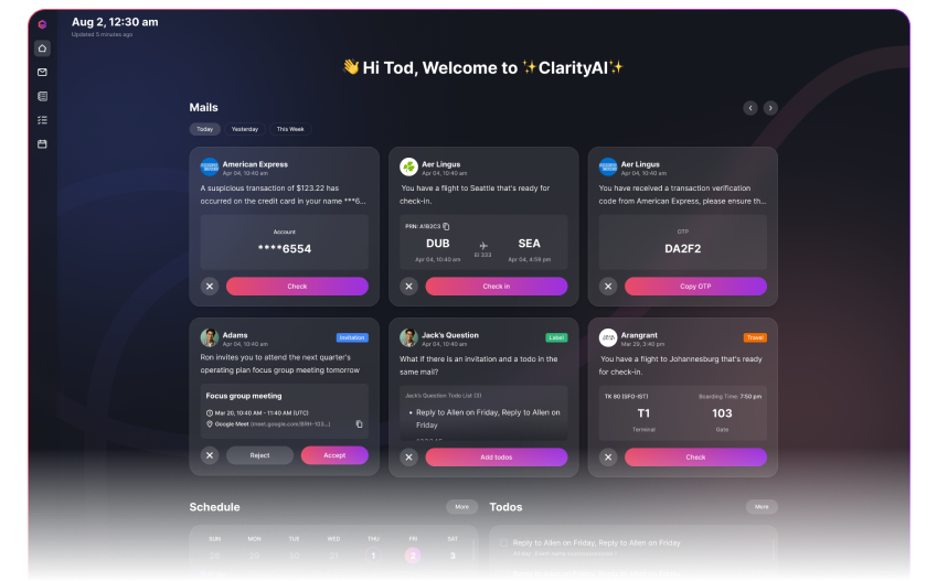 Tired of missed deadlines or lost details? ClarityAI reads, ranks, and routes your inbox — turning chaos into action, before you even open it.